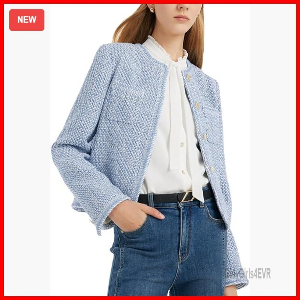 Long Sleeve Tweed Blazer Open Front Business Casual Cropped Jacket